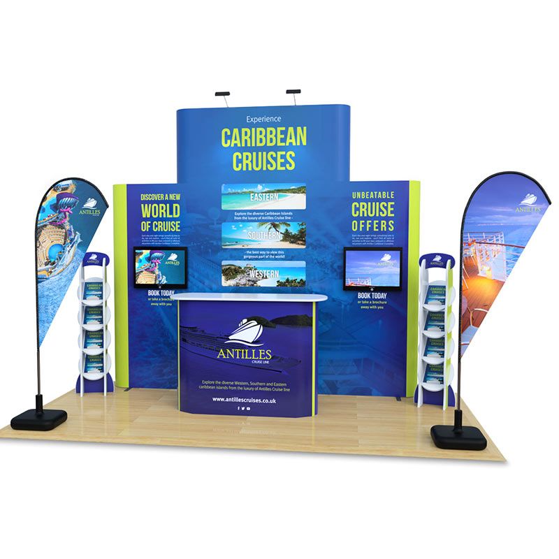 2m x 4m 4x4 tower pop up with monitor arms, exhibition counter, flags and leaflet dispensers