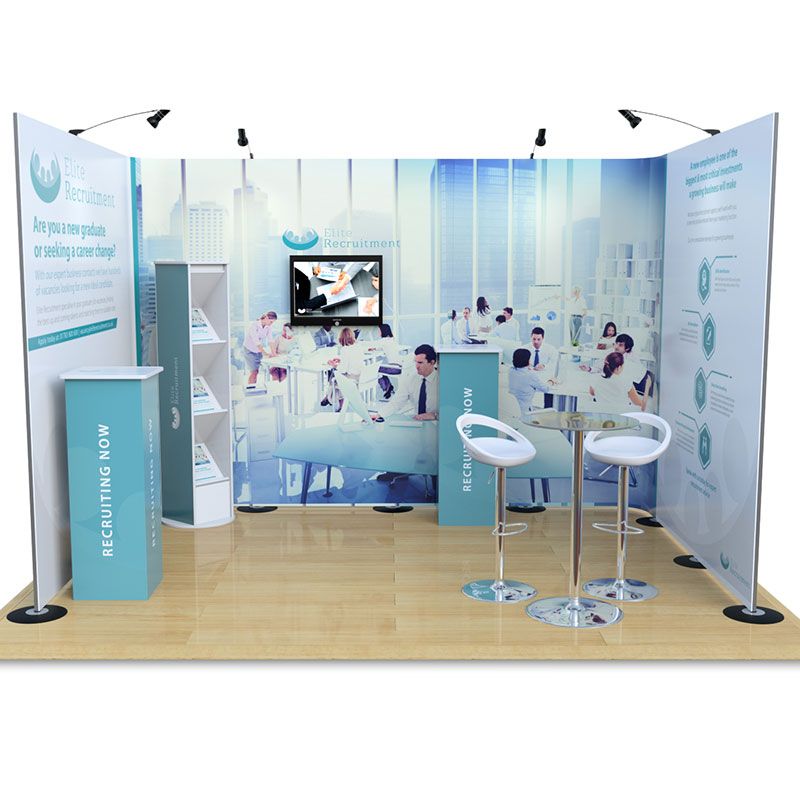 3m x 4m Streamline pop up exhibition stand, complete with leaflet dispenser and plinths