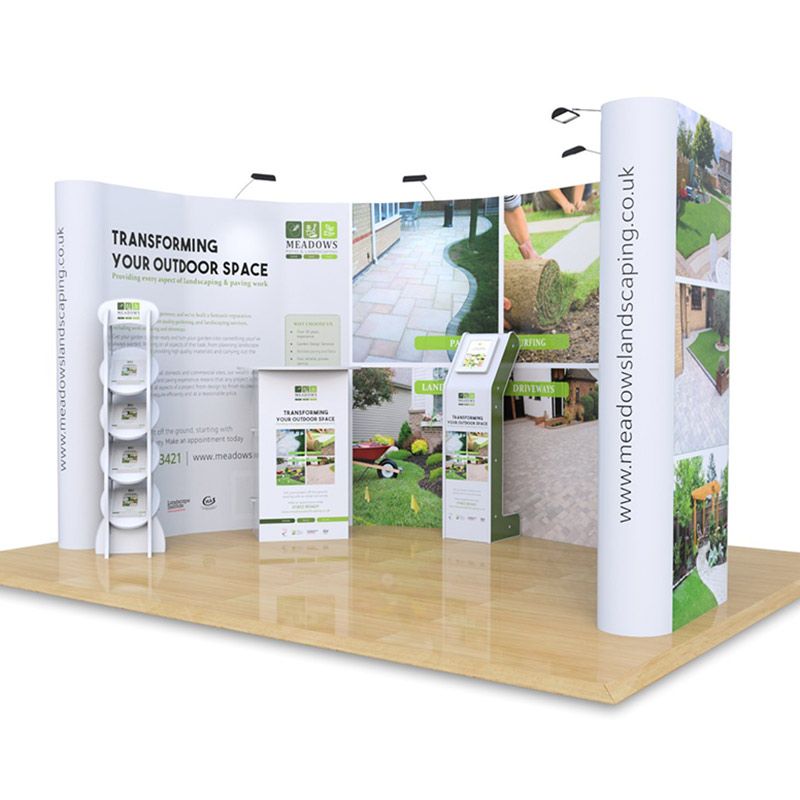 3m x 4m C Booth exhibition stand, includes 3x4 pop ups, Hexby literature stand, Rockport exhibition counter and Fusion ipad Stand.