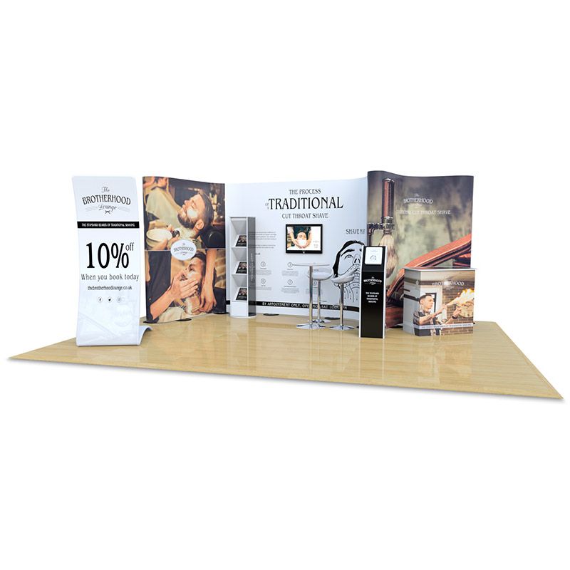 4m x 6m streamline pop up bundle, includes a fabric snake banner along with a Fusion tablet stand, Kingston counter & Brandon leaflet dispenser made from Xanita. 