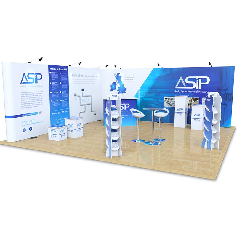 6m x 6m Streamline L Shape exhibition stand. Includes Streamline pop up displays, Xanita accessories & table and stools. 