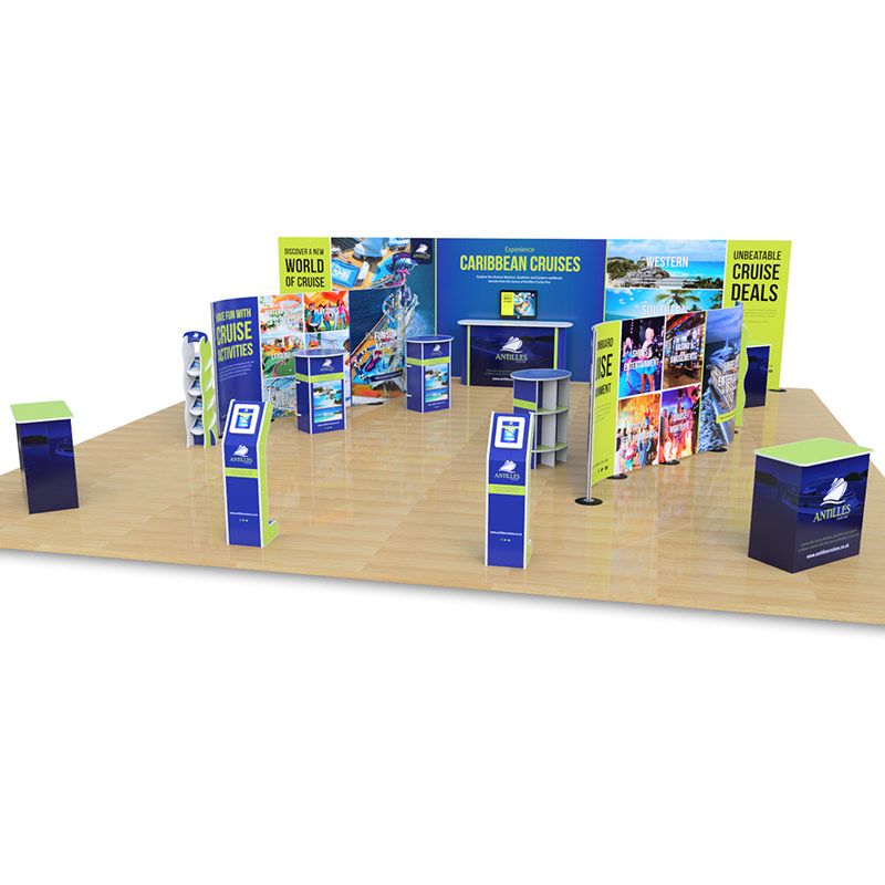 10m x 10m exhibition stand includes 2.5m H streamline backdrop, 2 x double sided 1.8m H streamline displays, Celtic counter, Rockport counters, Fusion iPad stands, Hexby leaflet dispensers and Kingston exhibition counters