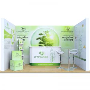 2m x 4m modular exhibition stands with counters, foam cubes, cascade leaflet dispenser and tables with stools