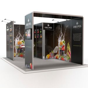 3m x 5m Exhibit Modular Exhibition Stands with 2m x 1m storage cupboard with overhead printed arch. 