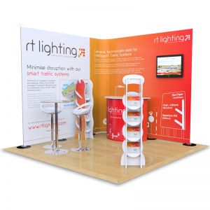 3m x 3m Streamline exhibition stand includes 2.5m H Streamline with monitor arm, Hexby literature stands, Jasper exhibition counters, Tables and Stools