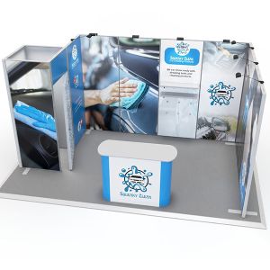 3m x 5m Exhibit Modular Exhibition Stands with 1m x 1m storage cupboard in a U Shape layout.