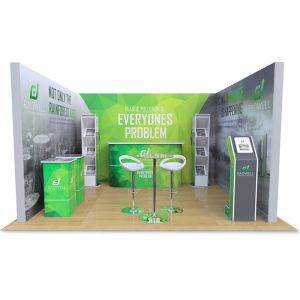 3m x 4m Modular exhibition stand, includes 10 printed backdrop panels, Brandon leaflet dispensers, Celtic counter, Fusion iPad stand, Saxon display plinths, Table and Stools