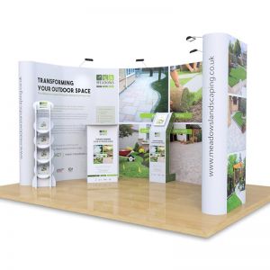 3m x 4m C Booth exhibition stand, includes 3x4 pop ups, Hexby literature stand, Rockport exhibition counter and Fusion ipad Stand.