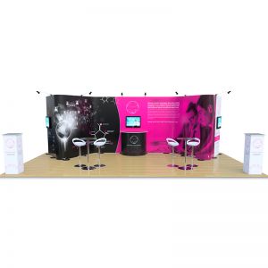 4m x 8m Streamline wave system with 3 monitor arms, counters, tables and stools