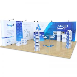 6m x 6m Streamline L Shape exhibition stand. Includes Streamline pop up displays, Xanita accessories & table and stools. 