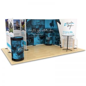 3m x 4.5m exhibition stand using both flexible printed displays and modular printed panels to create an exclusive, one of a kind display