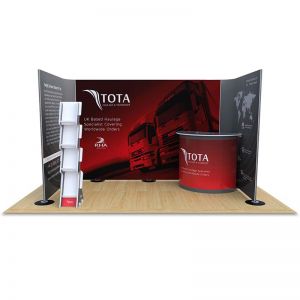 2m x 4m exhibition pop up stand, with 6m Streamline backdrop display, exhibition counter and literature stand