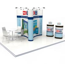 Triple 3x2 Pop up stand Island with pop up storage cases with graphic wraps from Go Displays